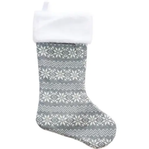 Gray Knitted Christmas Wool Stocking with Snowflake Pattern