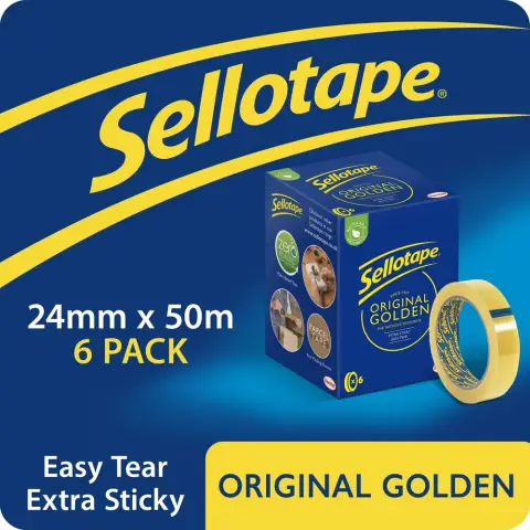 Sellotape Original Easy Tear Extra Sticky Golden Tape, Pack of 6