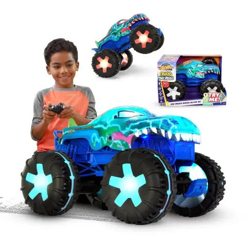 Hot Wheels Monster Trucks Ferngesteuertes Auto, Spielzeugtruck, übergroßer Mega-Wrex Alive im Maßstab 1:15 mit Fernbedienung, 3 ferngesteuerte Spielmodi mit interaktiven Lichtern und Geräuschen, JBD90