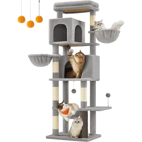 Feandrea Kratzbaum, 175 cm hoher Katzenturm für Wohnungskatzen, Mehrstöckiges Katzenhaus mit 2 Höhlen, 2 Körben, 5 Kratzstämmen, Selbstpfleger, Liegefläche, Hängematte, Taubengrau UPCT182G01