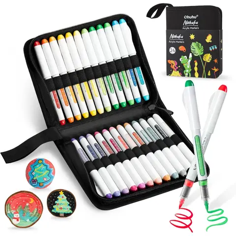 Ohuhu Peinture acrylique en stylos, 24 couleurs : pointes de pinceau 1,5 mm, hautement opaques, résistants à l’eau, Lightfas