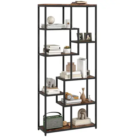 HOMCOM 7-Tier Bookshelf, Geometric Bookcase, Industrial Floor Standing Book Shelf, Open Display Shelving Unit for Living Room, Home Office and Bedroom, Rustic Brown and Black