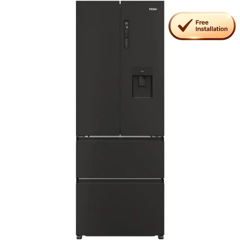 Haier French Door 70 Fridge Freezer with Water Dispenser – Black | 70cm Wide | E Energy Rated | Direct Access Drawers | Total No Frost (HFR5719EWPB)