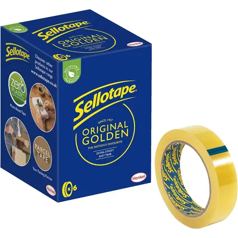 Sellotape Original Easy Tear Extra Sticky Golden Tape, Pack of 6