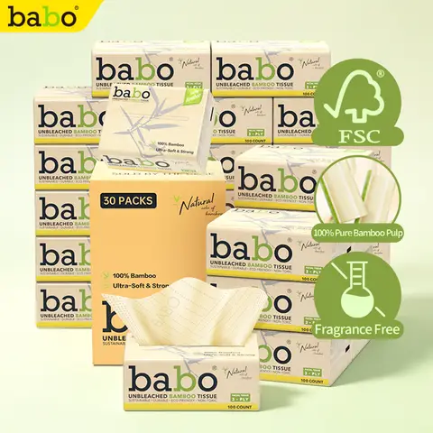 BABO EU Unbleached Bamboo Facial Tissue Bag Pack, 3-Ply 133×200mm, 100 Sheets Per Pack, 30 Packs Per Carton, Fluorescent Dye-Free, Wet Strong & Lint-Free, ISEGA & HALAL Certified Bulk Household Facial Tissue For Family Stock-Up