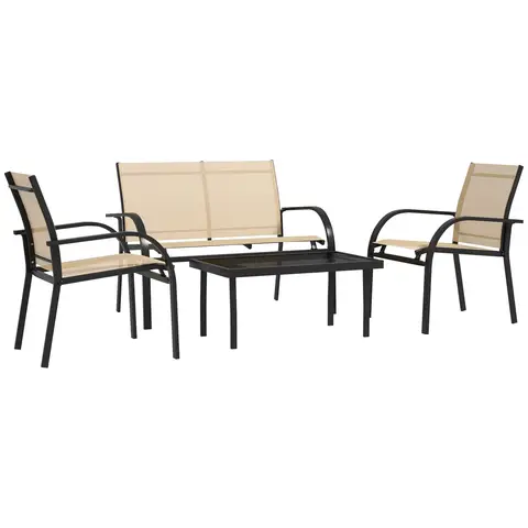 Outsunny 4 Pcs Curved Steel Outdoor Furniture Set w/ Loveseat, 2 Texteline Seats, Glass Top Table Garden Balcony Patio Furniture For Family Party Events Guests-Beige