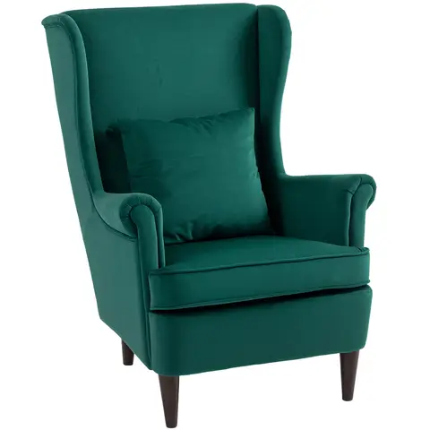 HOMCOM Modern Accent Chair, Upholstered Wingback Armchair with High Backrest and Pillow Dark Green
