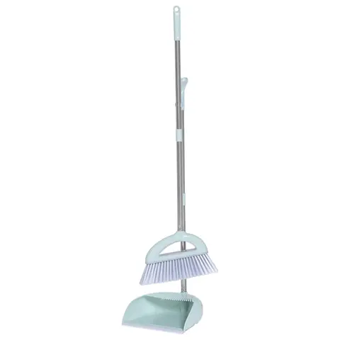 26cm Blue Dustpan and Broom Set with 75cm Iron Handle, 75mm Bristles, Stand-Up Combo