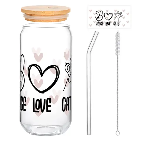 Alphynix 1 Love-Cat-Glas, 500ml Valentinstagsgeschenk für Katzenliebhaber, mit Peace-Zeichen & Herz-Design, kreatives Geschenk für Freund/Freundin,Geschenk zum valentinstag, geschenk zum geburtstag