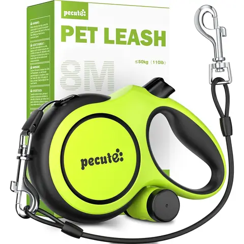 pecute Instant-Control Series 8m Retractable Dog Leash with Steel Wire Rope & Waste Bag Dispenser - Green