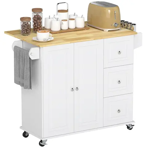HOMCOM Kitchen Island with Drop Leaf, Rolling Kitchen Storage Trolley on Wheels with 3 Drawers, Spice Rack and Towel Rack, Storage Cart with Rubber Wood Top, White
