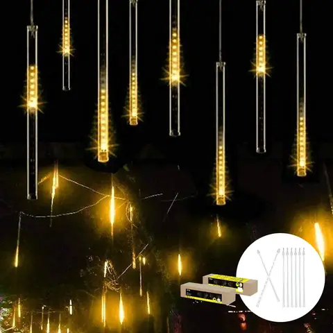 M.TK Meteor Shower Lampjes met 8 buizen, 192 LED’s vallende regendruppel lichtslinger, waterdicht, ijspegel sneeuwval lichtslinger voor kerstboom (8 buizen, warm wit)