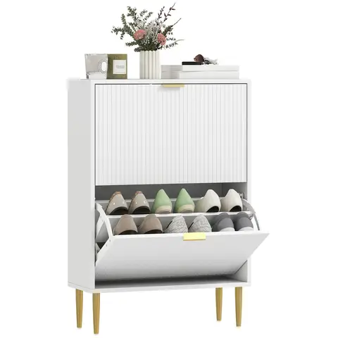 HOMCOM Narrow Shoe Cabinet with Flip Drawers, Modern Slim Shoe Storage Cabinet 60W x 24D x 91.5H cm White