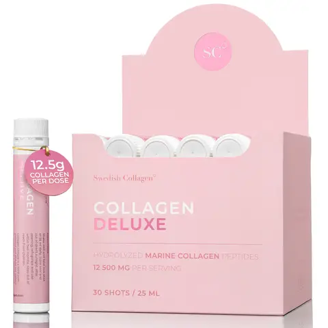Swedish Collagen Collagen Deluxe Shots, lot de 30, 30 ampoules buvables de 25 ml, 12 500 mg de collagène marin hydrolysé avec acide hyaluronique, vitamine C, biotine et vitamine D pour la peau, les cheveux et les ongles