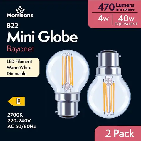 Morrisons Light Bulb LED Mini Globe Filament Bayonet B22 Warm White 4W 470 Lumens Dimmable 2pcs