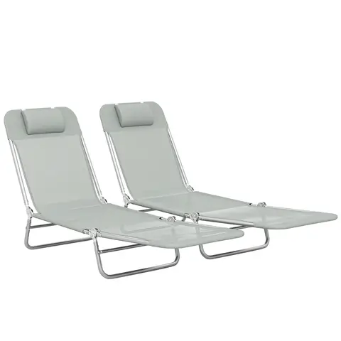 Outsunny Folding Sun Loungers for Garden Set of 2, Texteline Reclining Sun Bed with 5 Position Adjustable Backrest, Headrest,