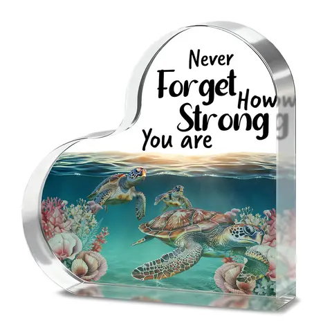Alphynix 1pc Heart Acrylic Plaque, "Never Forget How Strong You Are" Inspirational Gift with Sea Turtle and Coral Reef Design, Encouragement Present for Friends
