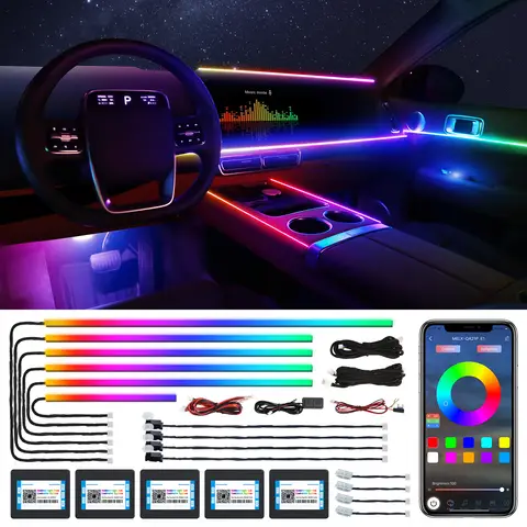 Dreamcolor Acrylic Interior Car LED Strip Light with Wireless APP, RGB 14 in 1 with 175 inches 600 LEDs Fiber Optic Car Ambient Lighting Kits, Dual Zone Sound Active Function LED Strip for Car