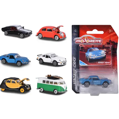 Majorette Vintage Assortment, Vintage Cars, Oldtimer, Spielzeugauto aus Metall, Miniaturfahrzeuge, Freilauf, Federung, Lieferung: 1 Stück, zufällige Auswahl, 6 versch. Modelle, 7,5 cm
