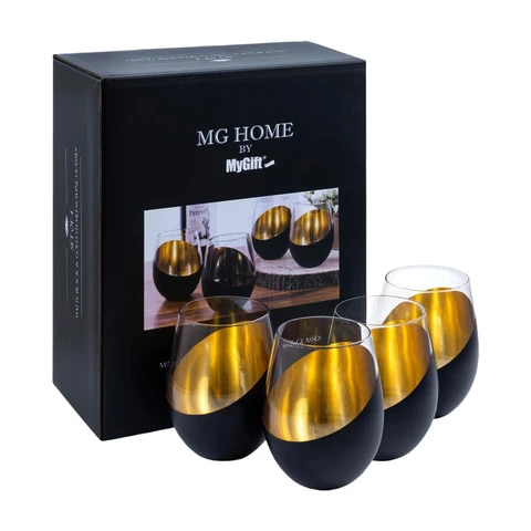 MyGift Schwarze und goldene Weingläser ohne Stiel, Set aus 4 - Elegantes Weihnachtsgeschenkset mit luxuriösem Metallic-Finish, 18oz Moderne Barware