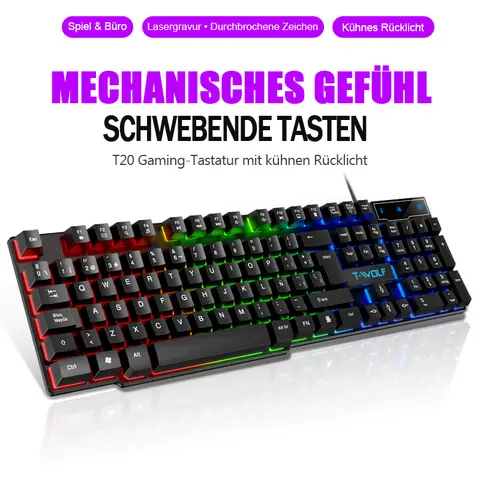 Rexsun Gaming-Tastatur – 104 Tasten, Regenbogen-Hintergrundbeleuchtung, freischwebende Silikontasten, ergonomisches Design, USB-Kabel, kompatibel mit Windows 7/8/10, Schwarz, T20