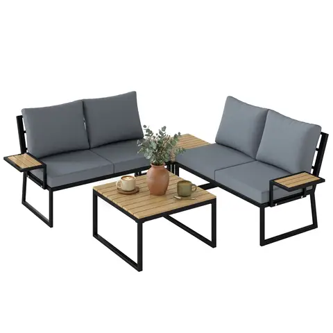 Outsunny 4 Seater Garden Furniture Set, Corner Garden Sofa Set with 2 Loveseats, 2 Nesting Coffee Tables, Arm Side Trays, Cushions, Metal Outdoor Furniture Conversation Sets for Patio, Teak
