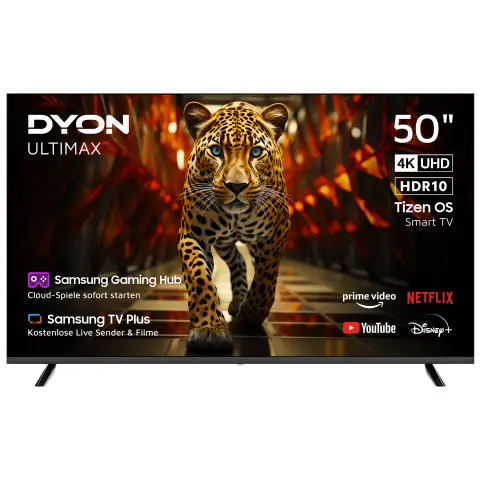 DYON ULTIMAX 50U-TI - 50 Zoll (126 cm) 4K Ultra HD Smart TV mit Samsung Tizen OS, Triple Tuner (DVB-C/-S2/-T2), Samsung Smart & Gaming Hub, Prime Video, Netflix, Disney+ [2025] [Energieeffizienzklasse F]