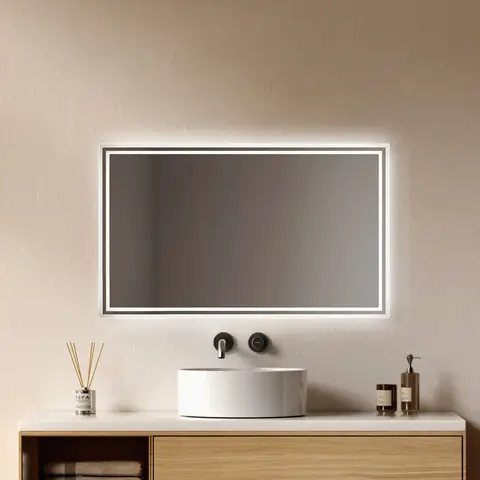 EMKE LED-Badezimmerspiegel mit Beleuchtung, 100 x 60 cm, Anti-Beschlag-Funktion, Badezimmerspiegel mit Druckschalter, Warmweißes und Kaltweißes Licht, IP44-Schutz, Moderner Wandspiegel