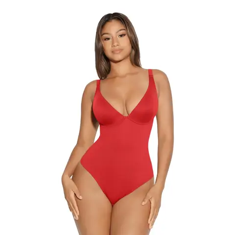 Feelingirl Valentine's Day Style Plunge V-Neck Sexy Vibe Thong One-Piece Tummy control Bodysuit for Women XL Red