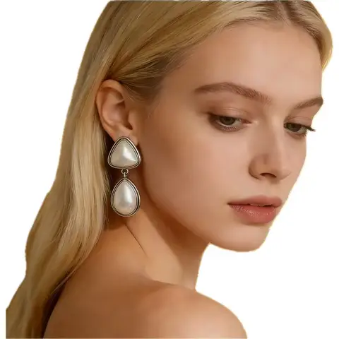 VoxorAI Silver Chanel-inspired French teardrop pearl pendant earrings, stud earrings, earrings for all seasons