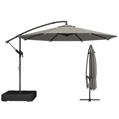 Outsunny 3 m Garden Cantilever Parasol with Cross Base and 80 kg Fillable Sandbag, 360° Rotating Overhanging Umbrella with Crank Handle, Banana Patio Umbrella for Outdoor Sun Shade, Grey