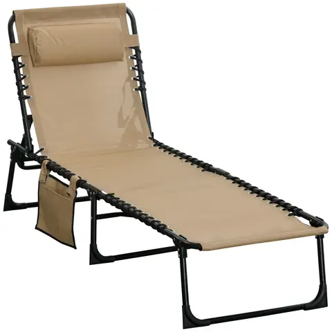 Outsunny Portable Sun Lounger, Folding Camping Bed Cot, Reclining Lounge Chair 5-position Adjustable Backrest with Side Pocke