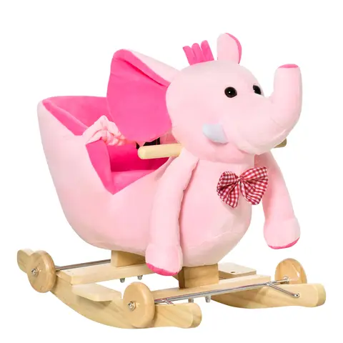 HOMCOM 2 In 1 Plush Baby Ride on Rocking Horse Elephant Rocker with Wheels Wooden Toy for Kids 32 Songs Pink