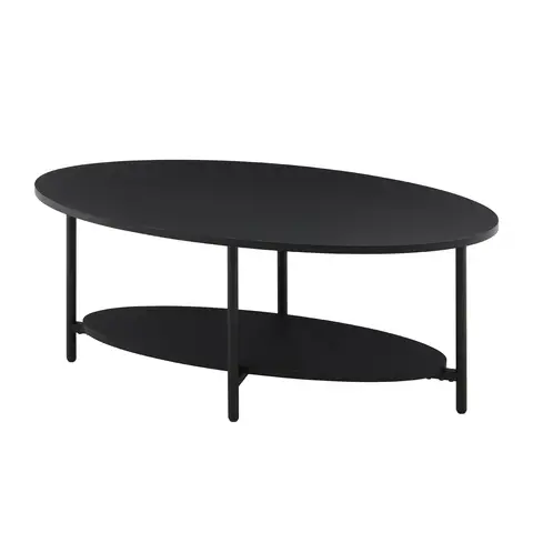 CLIPOP Oval Coffee Table with Open Storage Shelf, 2-Tier Wooden Tea Table with Adjustable Feetpad, Industrial Center Table Black