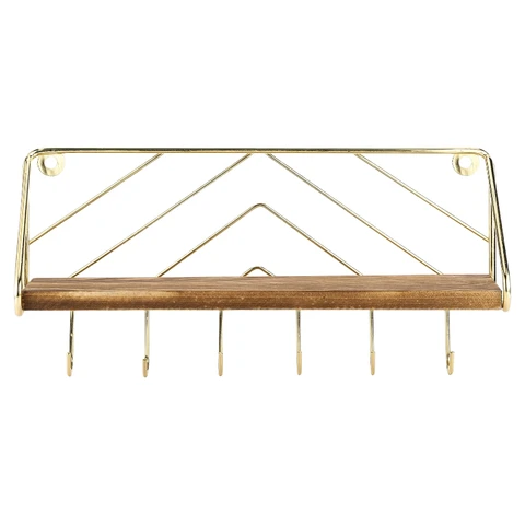 MyGift 31,75 cm Verbranntes Massivholz-Hängeregal und Schlüsselhalter, Wandmontierter Eingangsbereich-Organizer mit Messingdraht-Chevron-Design 6 Haken