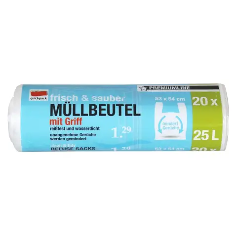 Quickpack Müllbeutel 25l Premiumline mit Griff transp. Reissfest 20 St