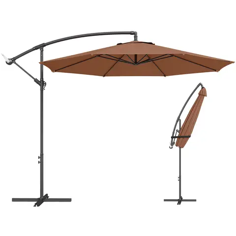 Outsunny 3(m) Garden Banana Parasol Hanging Cantilever Umbrella with Crank Handle, 8 Ribs and Cross Base for Outdoor, Sun Shade, Coffee