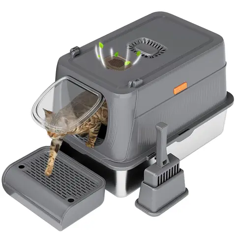 Stainless Steel CAT Litter Tray with Lid XXL， Includes Footpad and Litter Tray Scoop， Large Metal Cat Litter Tray Closed - Non-Adhesive， Easy to Clean， for Large Cats