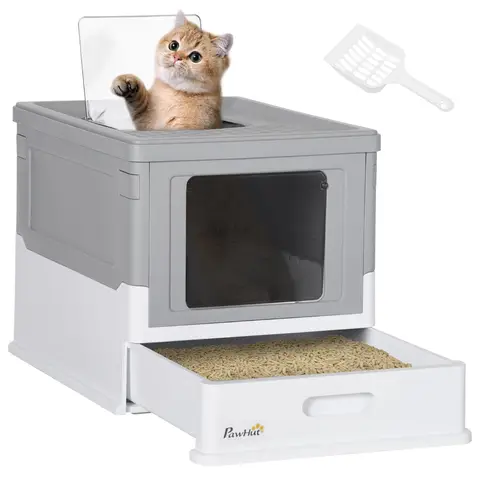 PawHut Cat Litter Box with Pull-Out Drawer Pan, Foldable Hooded Litter Tray with Lid & Scoop, Easy Clean, Odour Control Grey