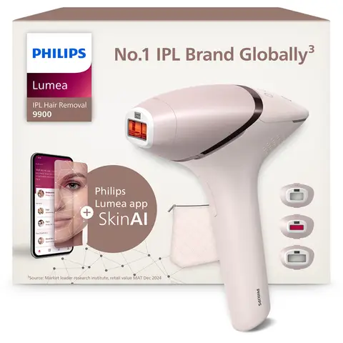 Philips Lumea 9900 Series, IPL Hair Removal Device, SenseIQ and SkinAI Technology, 3 Attachments for Body, Face, Precision, Corded & Cordless Use, BRI953/02