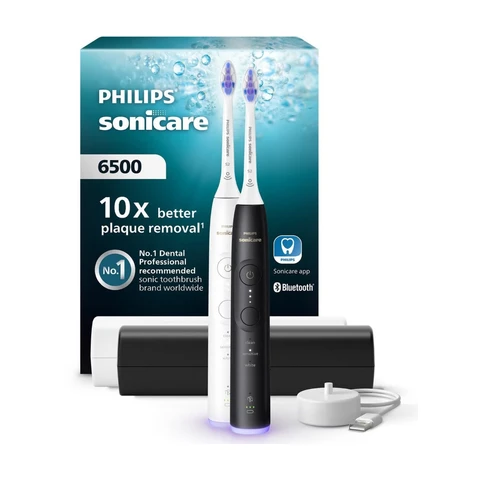 Philips Sonicare 6500-serie elektrische tandenborstel - Sonicare-technologie van de volgende generatie, druksensor, 9 poetsstanden, SmarTimer, gebruiksduur van 21 dagen, reisetui, zwart en wit, set van 2, HX7419/01