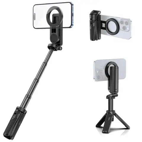 ULANZI JJ03 Magnetisches Stativ Ständer, 3 in 1 Bluetooth Selfie Stick Handy Griff Capgrip, 12N Starker Magnet, Ausziehbares Mini Stativ, Handyhalterung für iPhone 17 16 15 Samsung/Android Smartphone
