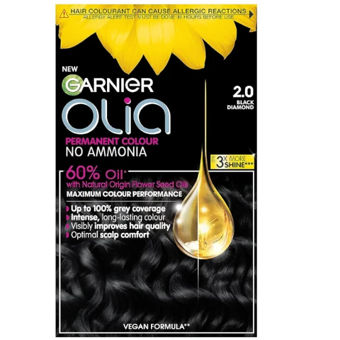 Garnier Olia No Ammonia Permanent Hair Dye 2.0 Black Diamond 1 Colourant Cream 1 Developer Cream 1 Conditioner