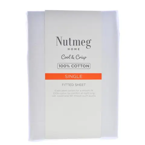 Nutmeg Home Fitted Sheet 100% Cotton 180 Thread Count White Single