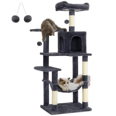 FEANDREA Cat Tree Multi-Level Plush Cat Condo, 55x45x143cm, Smoky Grey