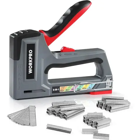 WORKPRO 6 in 1 Multifunctional Wall Stapler with 4000 Staples Manual Stapler for Fixing Hardware Furniture Decoration Door Window Cabinet