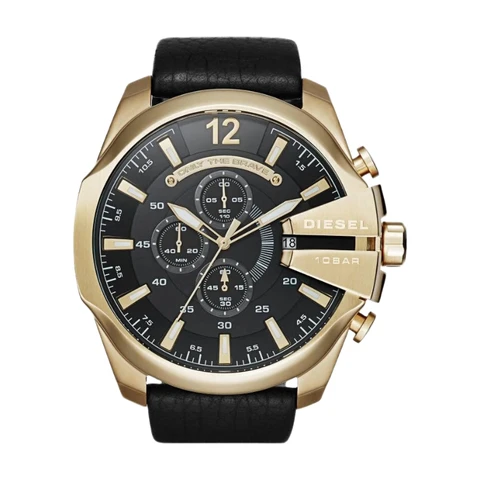 Diesel DZ4344 Gold Plated Mega Chief Chronograph Black Leather Strap Watch