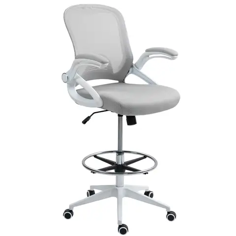 Vinsetto Drafting Chair with Flip-up Armrest, 360 Degree Swivel Mesh Office Stool with Foot Ring, Height Adjustable Chair for Standing Desk, Light Grey
