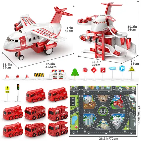 Jouet avion avec camion de pompiers, voitures et tapis de jeu, avion avec lumières et sons, pour garçons et filles de 3 ans et plus