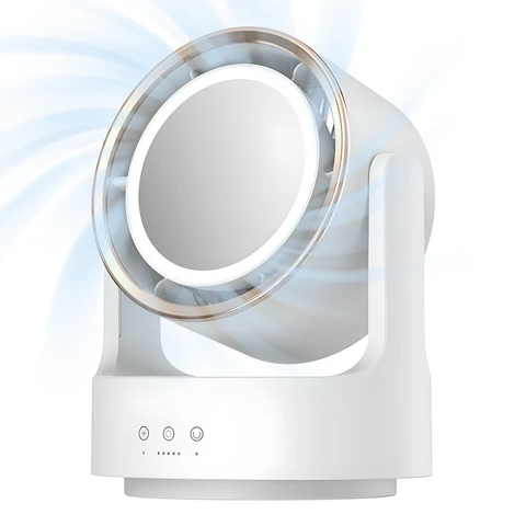 4131WH Ventilateur de Bureau 5 Vitesses avec Miroir Cosmétique Lumineux, Circulateur d'Air Portable 2400 mAh avec Oscillation